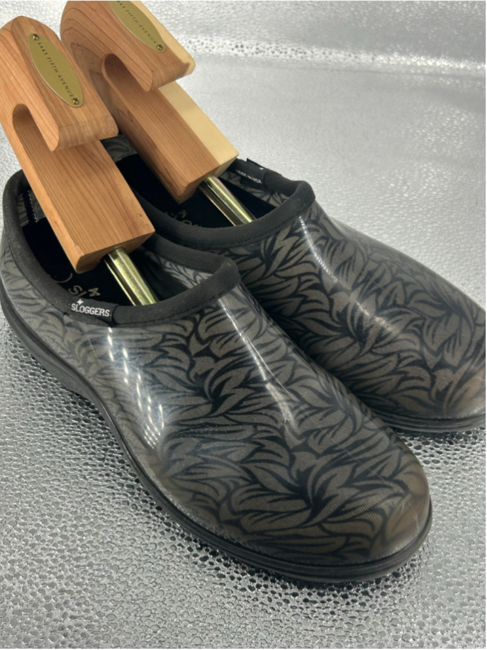 Women's Sloggers Black Clear Leaf Print sip ons Size 9